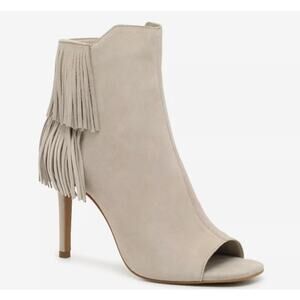 Vince Camuto Amenala Booties 7 Tan Beige Suede Fringe Heel Peep Toe Boho Western